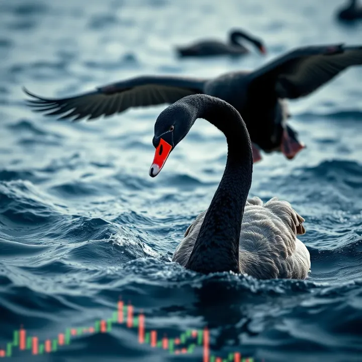 Black Swan Symbolizing Sudden Market Disruption Abstract representation of a black swan flying over a turbulent financial graph indicating unexpected market disruption