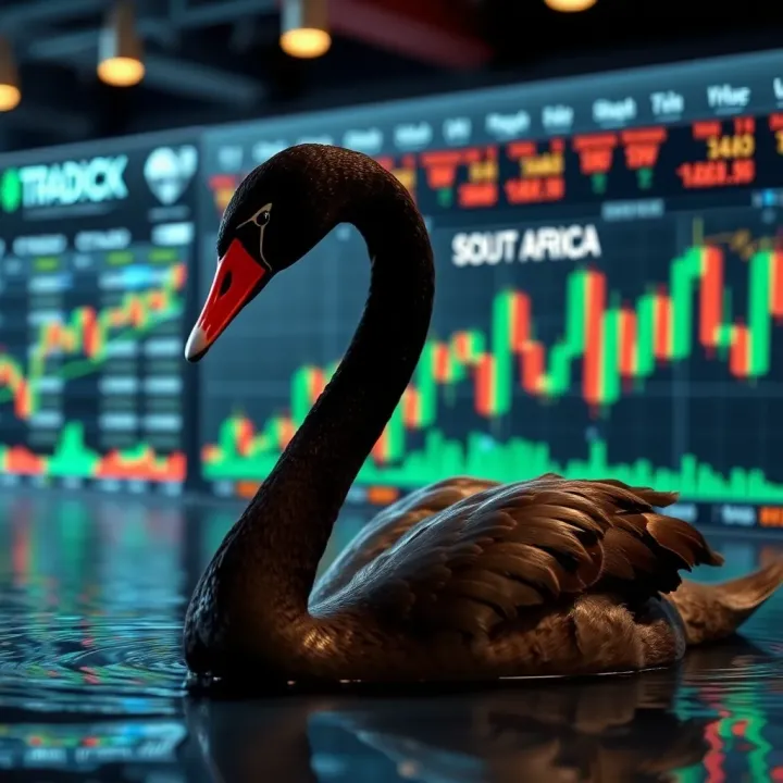 Visualizing Black Swan Event Impact on South African Business Strategies Conceptual illustration of unpredictable black swan event impact on business strategy with South African financial charts