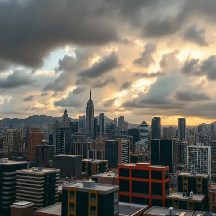 South African business district skyline under dramatic cloudy sky symbolizing uncertainty in risk management