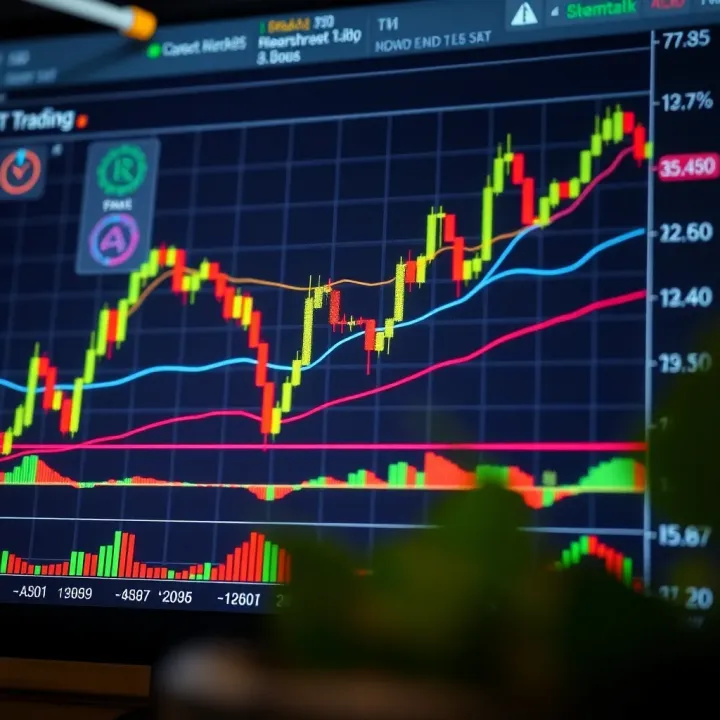A candlestick chart displaying various bullish and bearish chart patterns indicating market trends