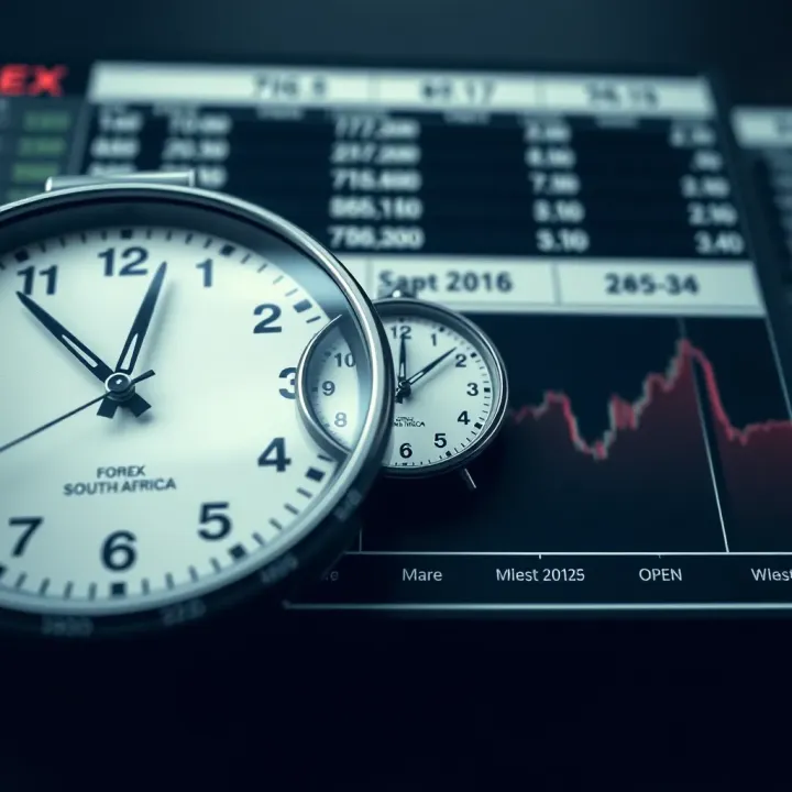 Clock faces showing different time zones with emphasis on South African Standard Time alongside forex market open and close times
