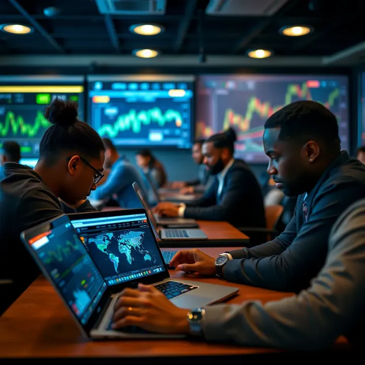 Interactive Forex Trading Education in South Africa Classroom setting with students learning forex trading strategies on laptops