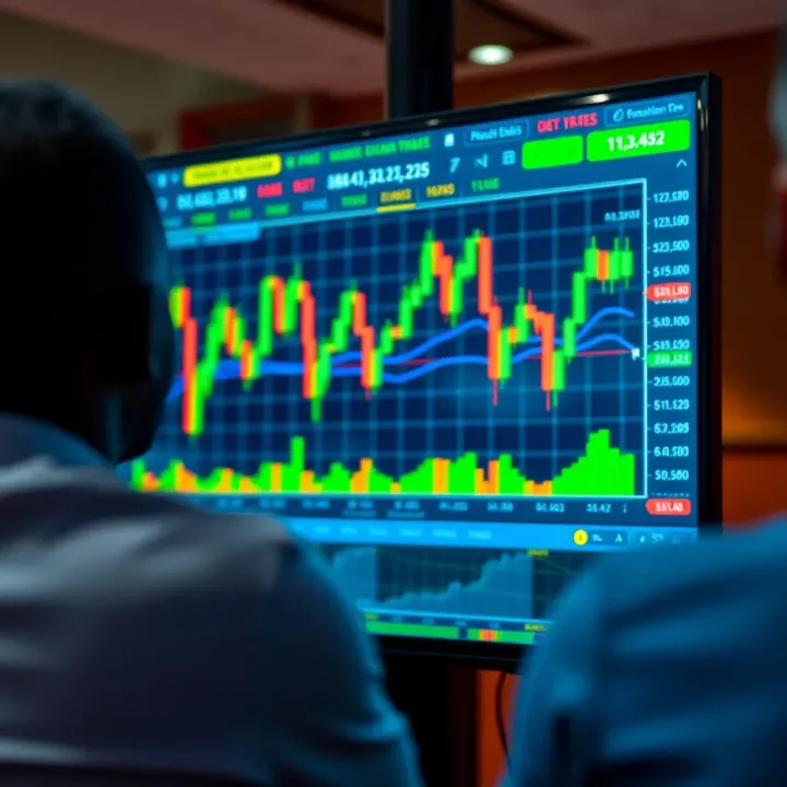 Close-up of forex market charts displayed on a digital screen during educational seminar