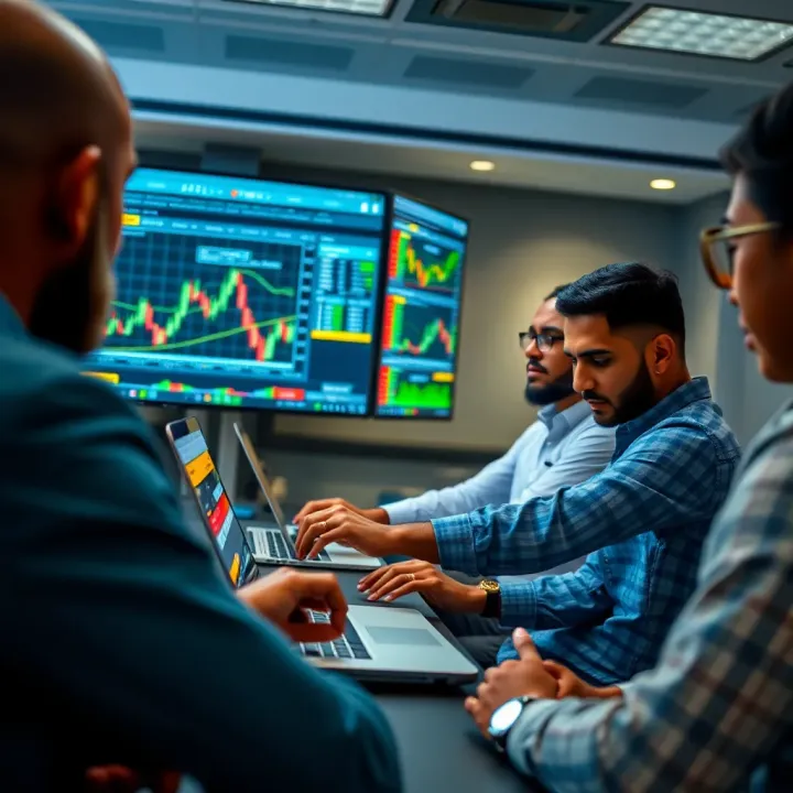 Group of traders engaging in a dynamic forex seminar with charts and laptops