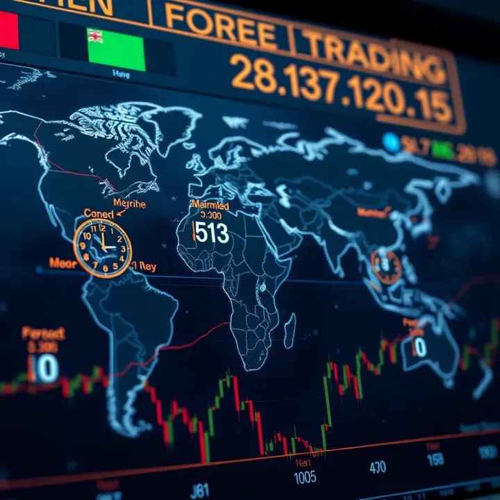 World map highlighting major forex trading sessions with clock icons showing market open times