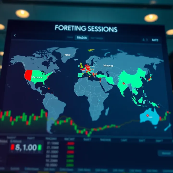 Global map highlighting major forex trading sessions with regional time zones