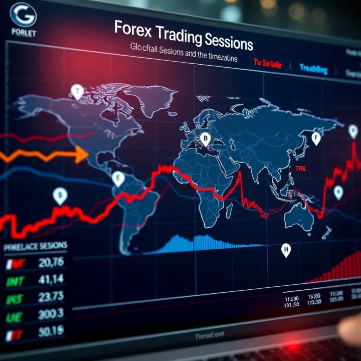 World map highlighting key forex trading sessions across different time zones