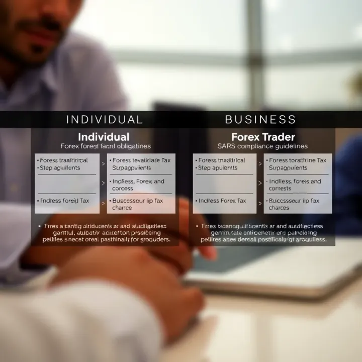 Comparison of Individual and Business Forex Trader Tax Obligations Diagram showing distinction between individual and business forex traders with SARS compliance guidelines