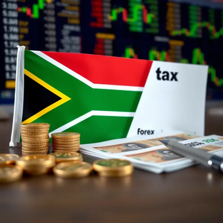Graphic showing South African flag alongside forex currency symbols and tax forms