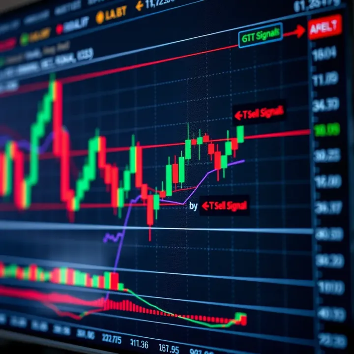 Chart showing currency pair trends with buy and sell signals marked