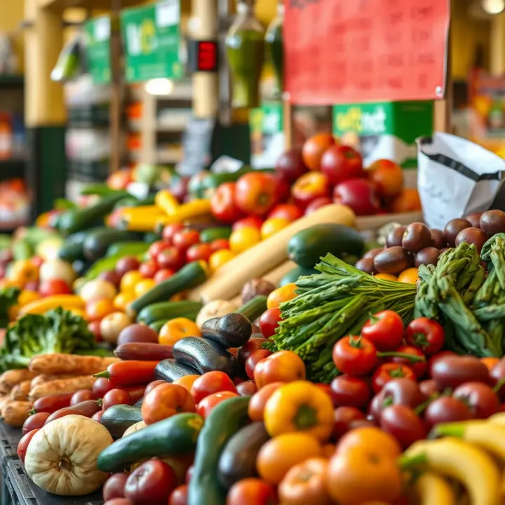 Fresh vegetables and fruits displayed at a vibrant park market with natural daylight