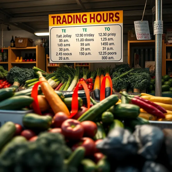 Seasonal Produce and Trading Hours at Park Market Stall Park market stall showing seasonal fruits and vegetables with signage indicating trading hours