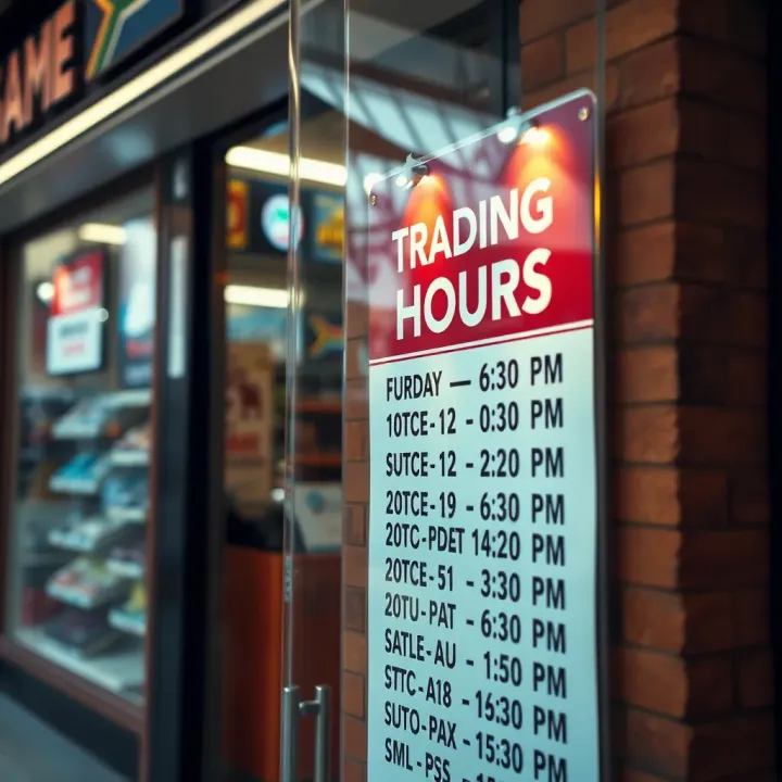 Storefront of a South African game store with visible opening hours sign