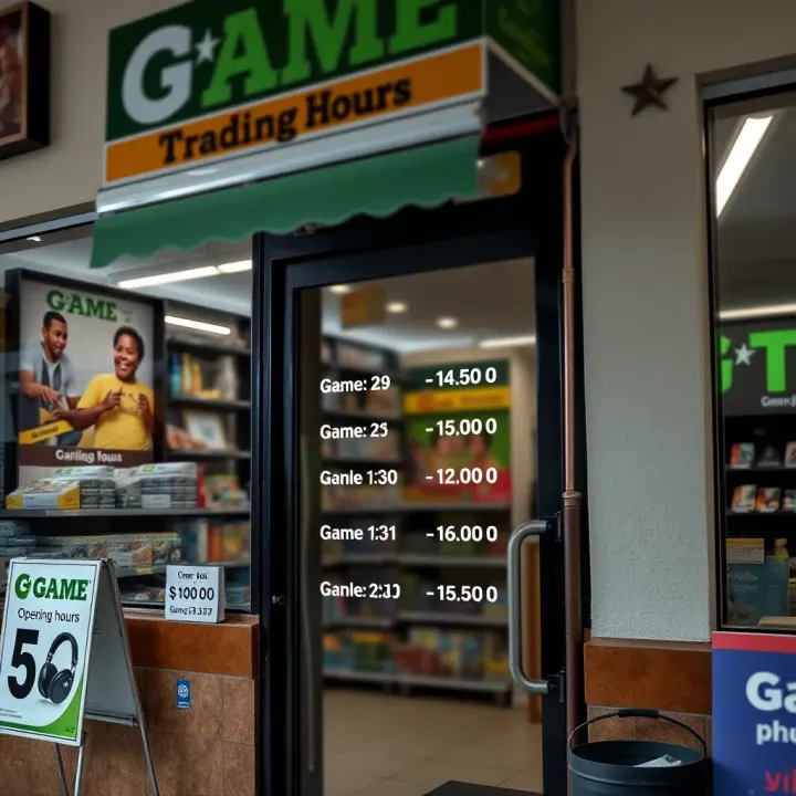 Typical Trading Hours Displayed at a South African Game Store Game store exterior with clear opening hours displayed on the door