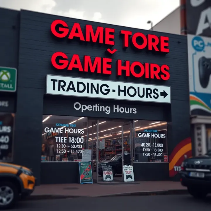 Exterior view of a game store in South Africa with clear signage and operating hours displayed at the entrance