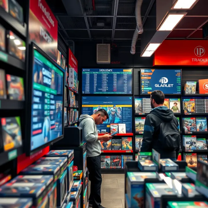 Inside a Game Store Highlighting Trading Hours and Holiday Schedules Customer browsing a variety of gaming products inside a retail game store with shelves stocked and a digital screen showing holiday notices