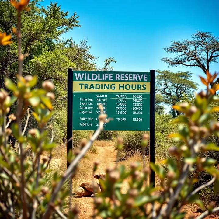 Wildlife Reserve Trading Hours Sign in Bloemfontein Signboard displaying trading hours at the entrance of a wildlife reserve surrounded by natural vegetation