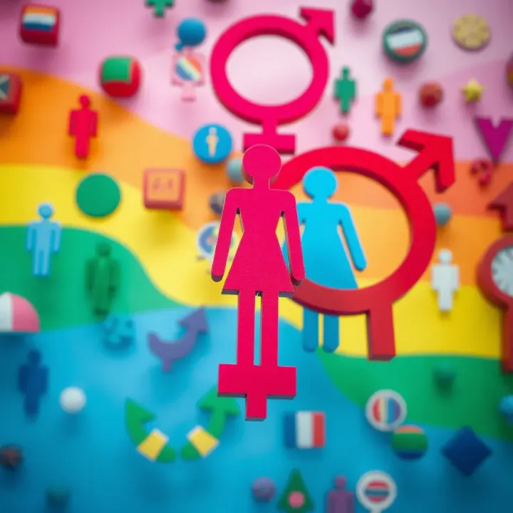 Visualizing Non-Binary Identity Through Interconnected Gender Symbols Colorful abstract representation of diverse gender symbols intertwined to illustrate non-binary identity and inclusion