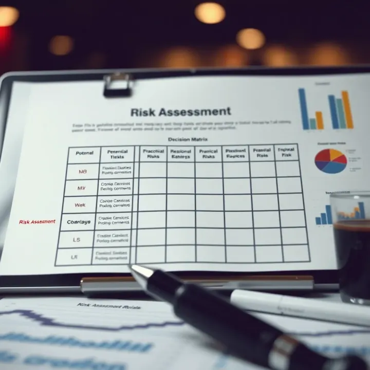 Effective Risk Assessment Techniques in Business Visual representation of risk assessment methods showing a decision matrix and tools for evaluating potential risks in business scenarios