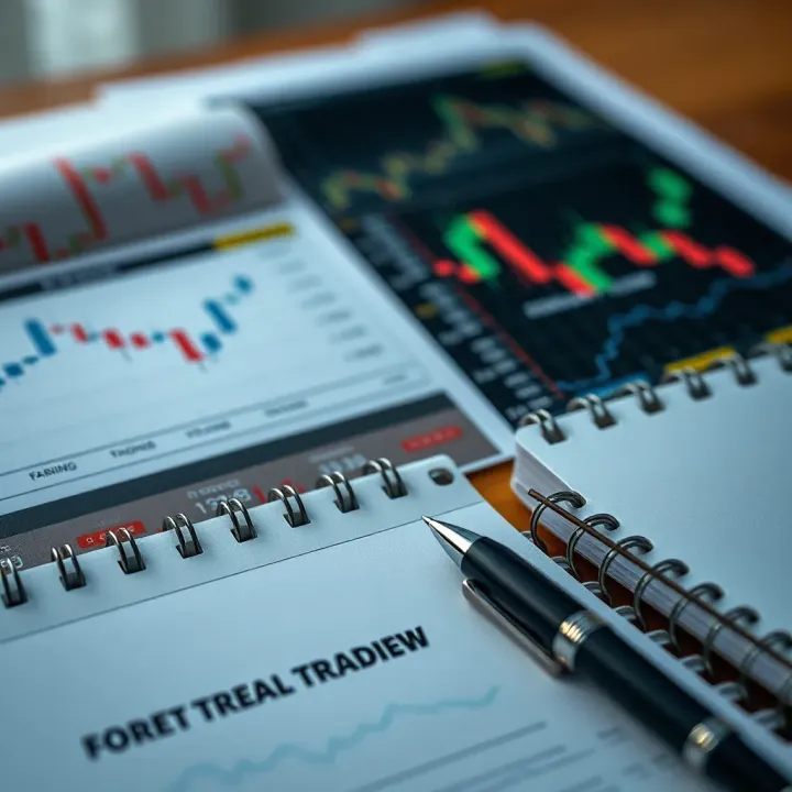 Using Forex Trading Books to Enhance Trading Skills Charts and graphs illustrating forex market trends alongside a pen and notebook