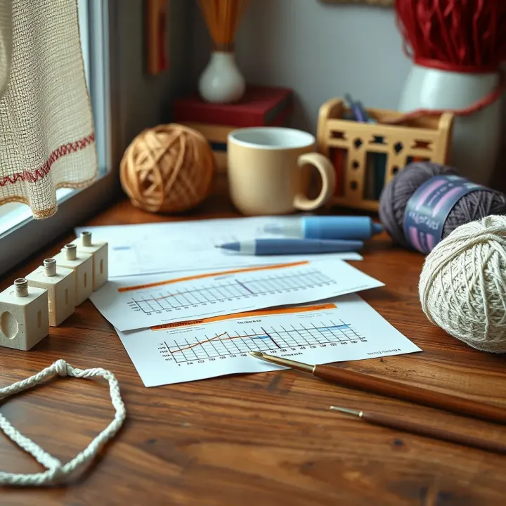 Cozy Crafting Space with Crochet Charts and Supplies A cozy crafting setup featuring printed crochet charts, yarn balls, and a crochet hook on a wooden table