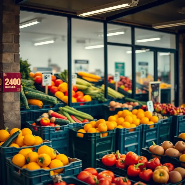 Exterior view of a wholesale produce store showing crates of fresh seasonal fruits and vegetables