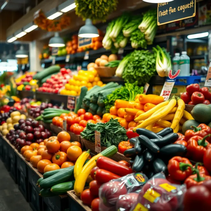 Colorful fresh fruits and vegetables displayed neatly inside the Willowbridge market