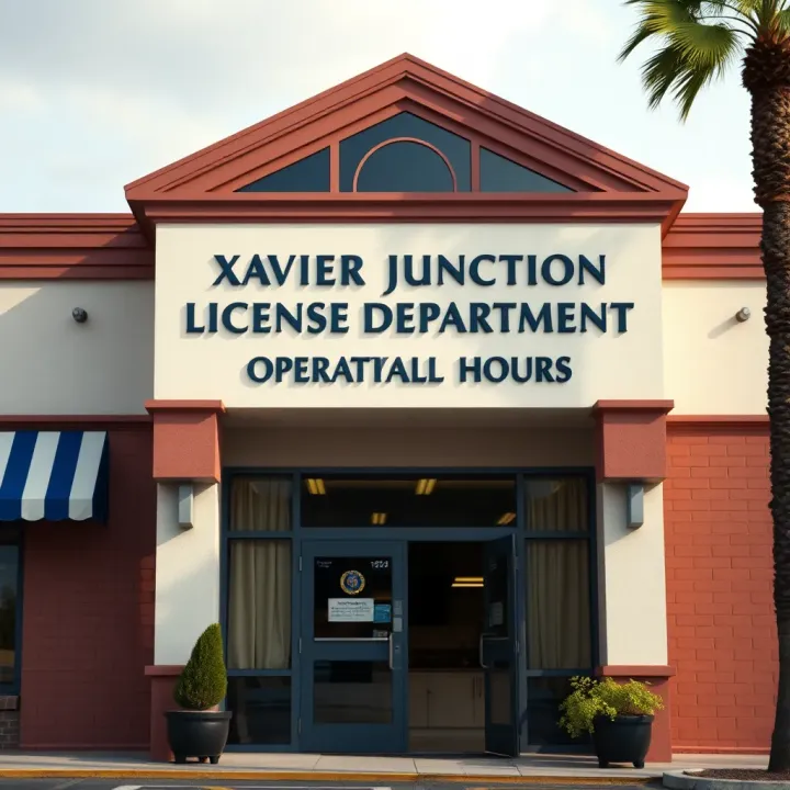 Front entrance of Xavier Junction License Department building showing operational hours sign